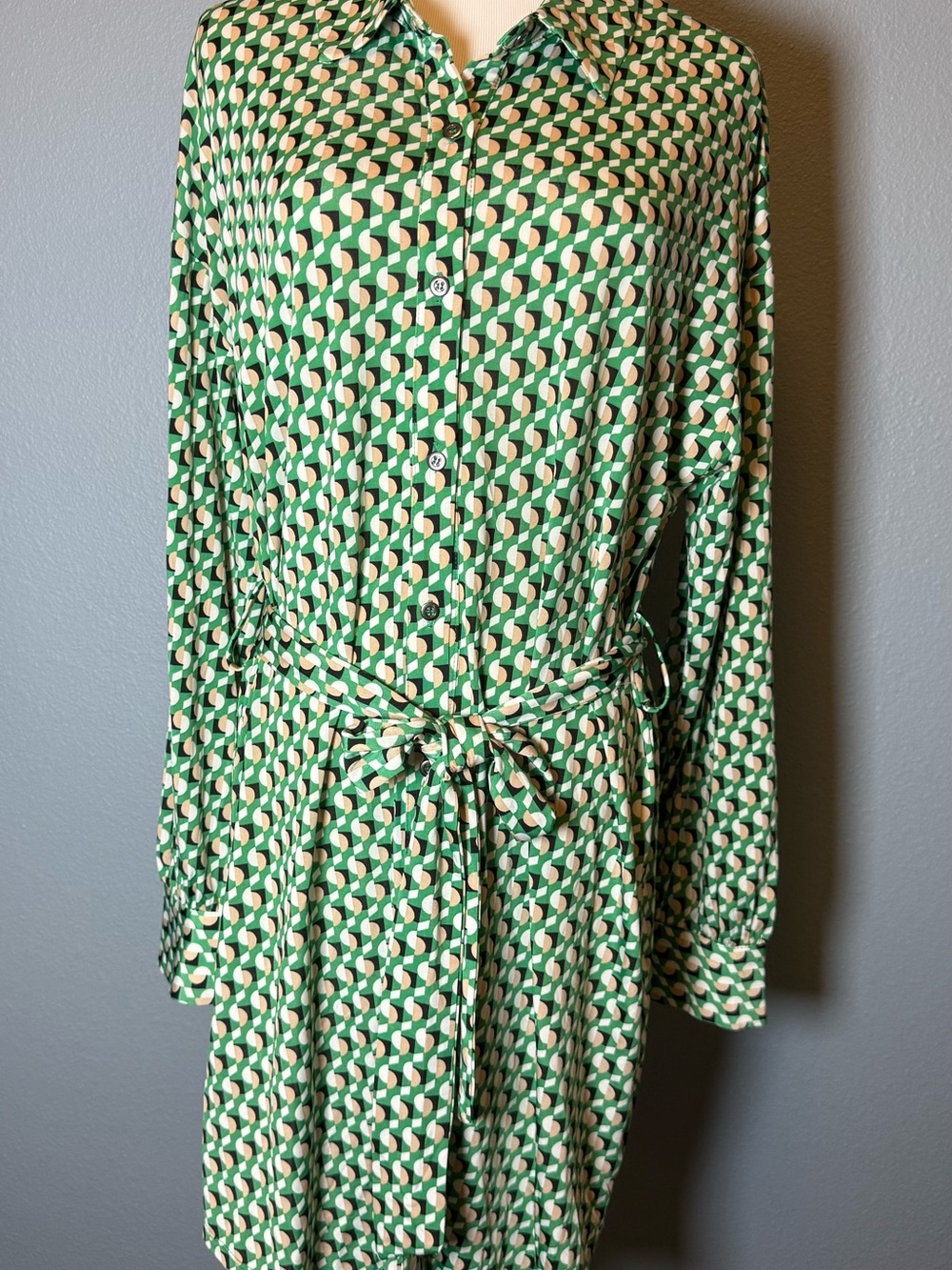 Geometric Green Shirt Dress with Tie Waist